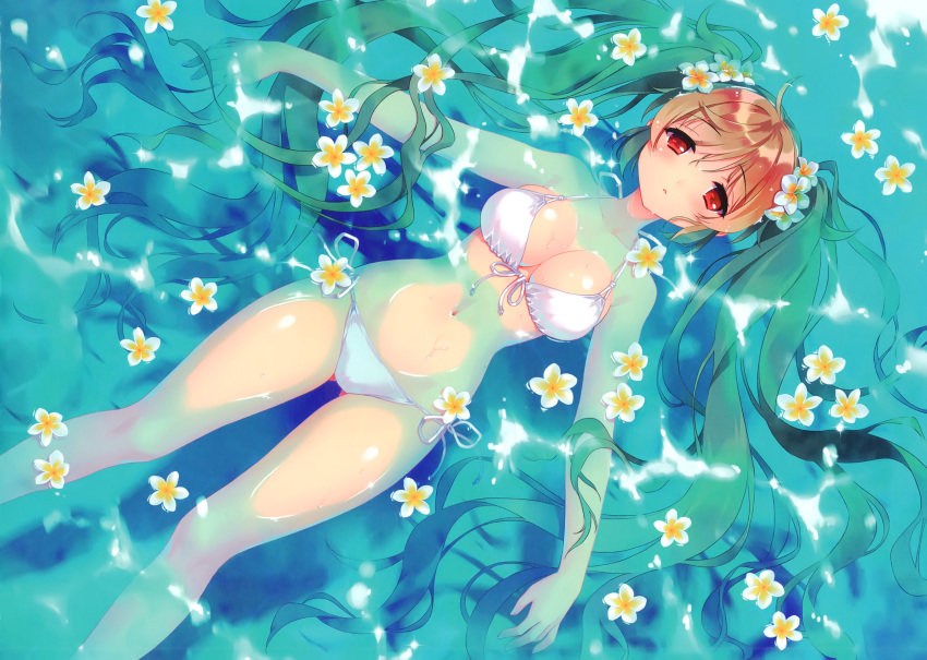 1girl absurdres ass_visible_through_thighs bikini blush breasts brown_hair carnelian cleavage eyebrows_visible_through_hair flower from_above front-tie_bikini front-tie_top hair_flower hair_ornament highres kantai_collection long_hair looking_at_viewer lying medium_breasts murasame_(kantai_collection) navel on_back outdoors outstretched_arms parted_lips partially_submerged plumeria red_eyes scan side-tie_bikini solo swimsuit twintails very_long_hair water wet