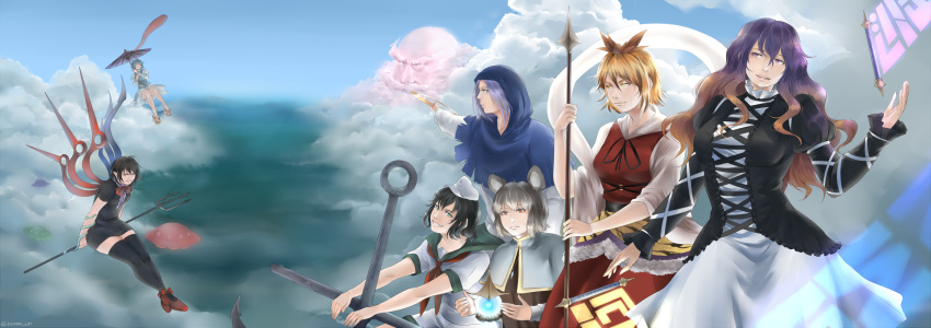 1boy 6+girls above_clouds anchor animal_ears animal_print anniversary arm_up asymmetrical_wings bishamonten's_pagoda bishamonten's_spear black_dress black_hair black_legwear blonde_hair blue_eyes blue_hair blue_skirt blue_sky blue_vest bow bowtie capelet commentary crossed_legs day dress english_commentary euphori_cat flying geta gradient_hair green_eyes green_sailor_collar grey_hair grin hagoromo hat head_tilt heterochromia highres hijiri_byakuren holding holding_polearm holding_spear holding_weapon hood hoop houjuu_nue jewelry juliet_sleeves karakasa_obake kumoi_ichirin layered_dress long_hair long_sleeves looking_at_viewer looking_to_the_side mouse_ears multicolored_hair multiple_girls murasa_minamitsu nazrin neckerchief orange_eyes outdoors parted_lips pendant polearm puffy_sleeves red_eyes red_footwear red_neckwear sailor_collar sailor_hat shawl shirt short_hair short_sleeves shorts sitting sitting_on_object skirt skirt_set sky smile snake sorcerer's_sutra_scroll spear streaked_hair tatara_kogasa thighhighs tiger_print toramaru_shou touhou trident twitter_username ufo umbrella undefined_fantastic_object unzan very_long_hair vest weapon white_shirt white_shorts wings yellow_eyes