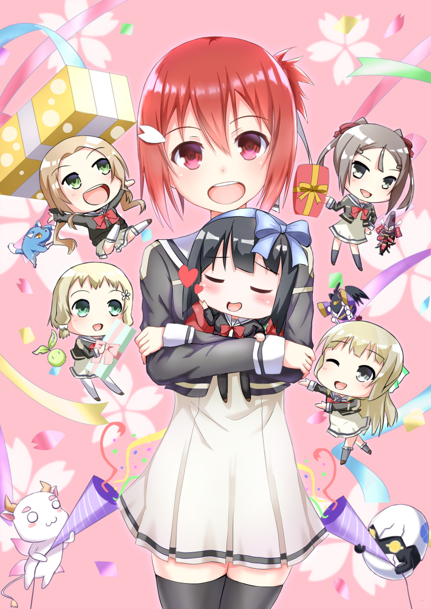 6+girls :3 :d ;d absurdres aobouzu_(yuyuyu) black_eyes black_hair black_legwear blonde_hair blush blush_stickers box brown_hair chibi closed_eyes closed_mouth commentary_request dress eyebrows_visible_through_hair flower furrowed_eyebrows gift gift_box green_eyes gungun_(hakutou7887) gyuuki_(yuyuyu) hair_flower hair_ornament hair_ribbon heart highres hug hug_from_behind inubouzaki_fuu inubouzaki_itsuki inugami_(yuyuyu) karasu_tengu_(yuusha_de_aru) kodama_(yuyuyu) long_hair long_sleeves looking_at_another looking_at_viewer low_twintails miyoshi_karin multiple_girls nogi_sonoko o_o one_eye_closed open_mouth outstretched_arms pantyhose party_popper red_eyes red_hair ribbon sanshuu_middle_school_uniform school_uniform short_hair short_ponytail siblings side_ponytail sisters smile thighhighs tougou_mimori twintails very_long_hair white_legwear yoshiteru_(yuyuyu) yuuki_yuuna yuuki_yuuna_wa_yuusha_de_aru yuusha_de_aru zettai_ryouiki