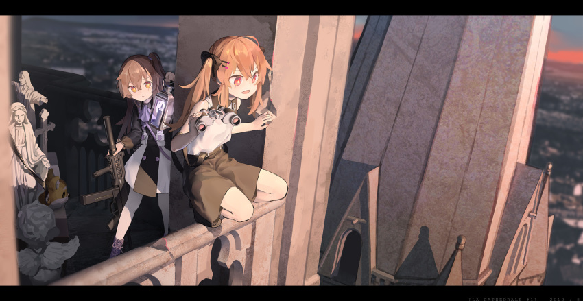 2girls angel chinese_commentary church cityscape commentary_request cross girls_frontline gun h&amp;k_ump highres multiple_girls siblings sisters statue submachine_gun sunset tianliang_duohe_fangdongye tower twins twintails ump45_(girls_frontline) ump9_(girls_frontline) virgin_mary weapon younger