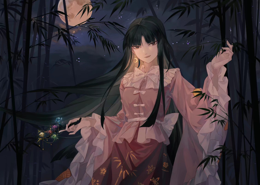 &gt;:) 1girl bamboo bamboo_forest bamboo_print bangs black_hair blunt_bangs bow bowtie breasts broom brown_eyes chinese_commentary commentary_request cowboy_shot crescent crescent_earrings earrings eyebrows_visible_through_hair floral_print forest frilled_shirt_collar frilled_sleeves frills full_moon hand_up highres holding houraisan_chouko houraisan_kaguya jewelry long_hair long_sleeves looking_at_viewer medium_breasts moon nature night night_sky open_mouth outdoors pink_shirt red_skirt sash shirt sidelocks skirt sky smile solo standing star_(sky) starry_sky touhou v-shaped_eyebrows very_long_hair white_bow white_neckwear white_sash wide_sleeves wing_collar