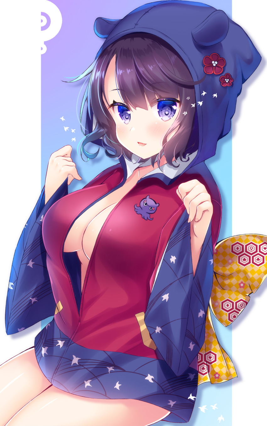 1girl bangs bow breasts brown_hair checkered checkered_bow cleavage collarbone commentary_request eyebrows_visible_through_hair fate/grand_order fate_(series) fingernails hair_between_eyes hands_up highres hood hood_up hooded_jacket jacket katsushika_hokusai_(fate/grand_order) ko_yu long_sleeves looking_at_viewer medium_breasts no_bra parted_lips purple_eyes red_jacket sitting sleeves_past_wrists smile solo tokitarou_(fate/grand_order) wide_sleeves