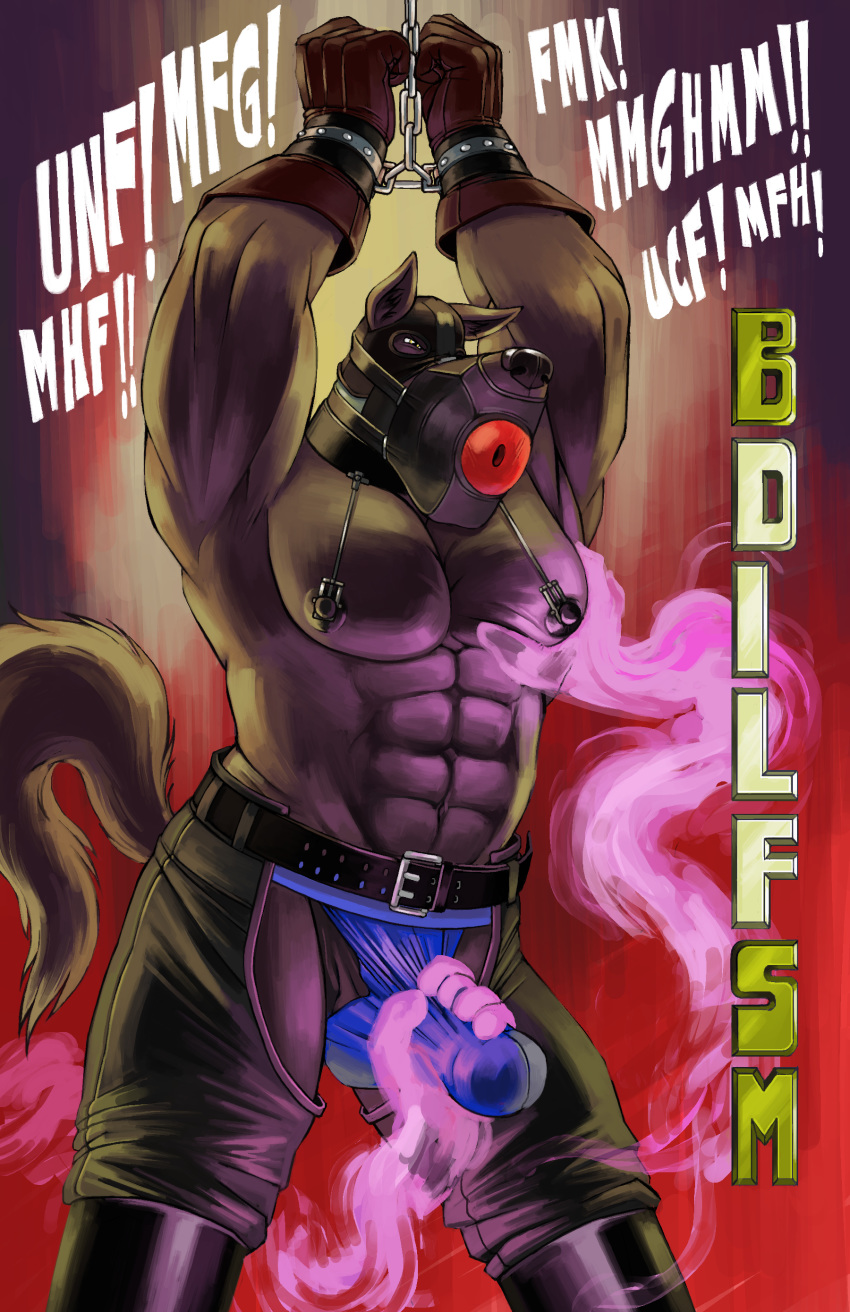 2019 abs absurd_res alternate_version_at_source anthro ball_gag bdsm belt biceps bondagefanart boots breathable_gag bulge canid canine canis chaps clothed clothing disembodied_hand duo english_text erection footwear gag gimp_mask gloves hand_cuff handwear hi_res humanoid_penis male mammal mask muscular muscular_male muzzle_(object) nipple_clamp nipple_play nipples pecs penis penis_outline restrained shackles solo_focus submissive_male text topless underwear wolf