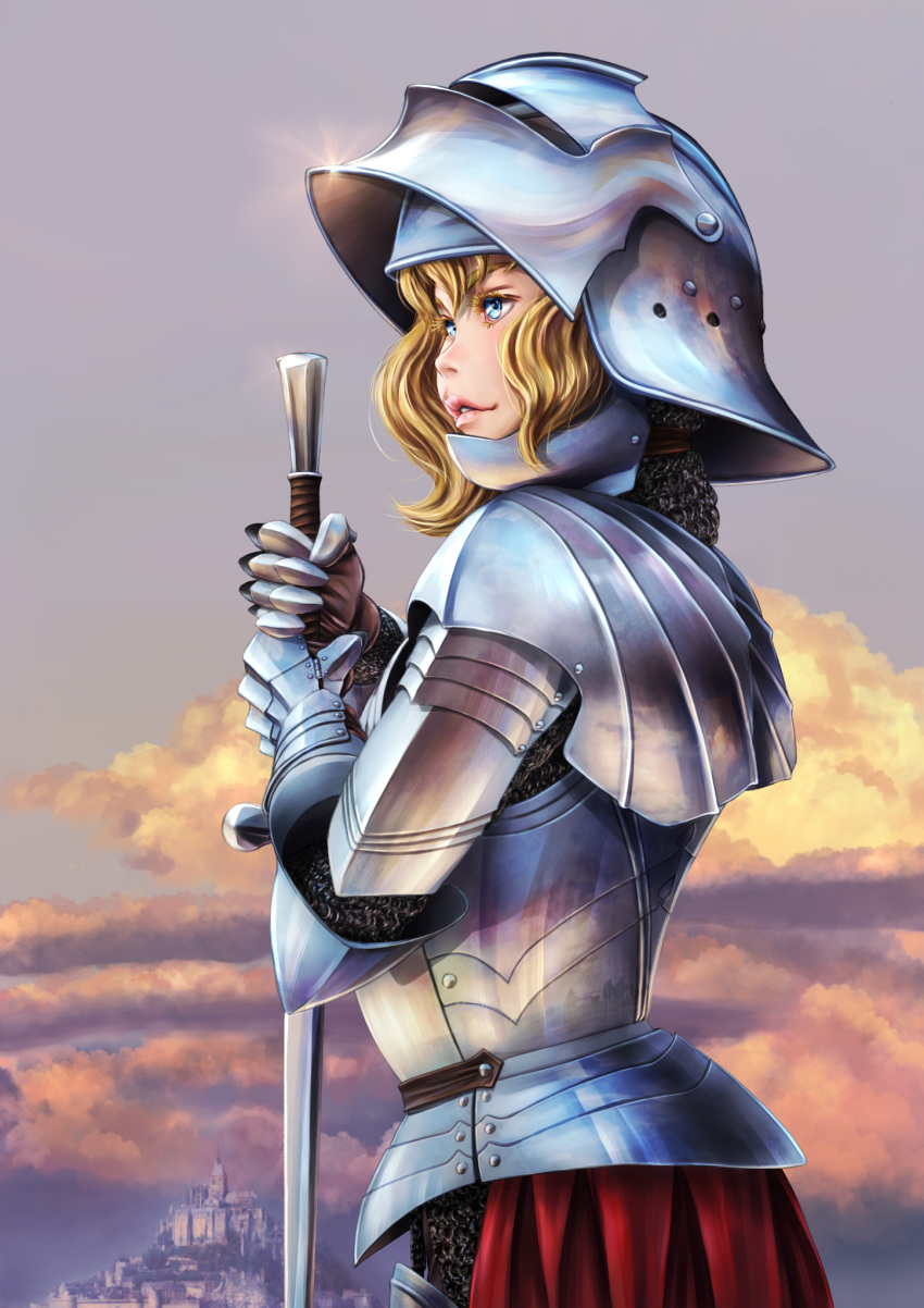 1girl armor blonde_hair blue_eyes breastplate castle chainmail cloud cloudy_sky commentary_request full_armor hands_on_hilt helmet highres holding holding_sword holding_weapon knight kobu_ride original plate_armor reflection sky sword weapon