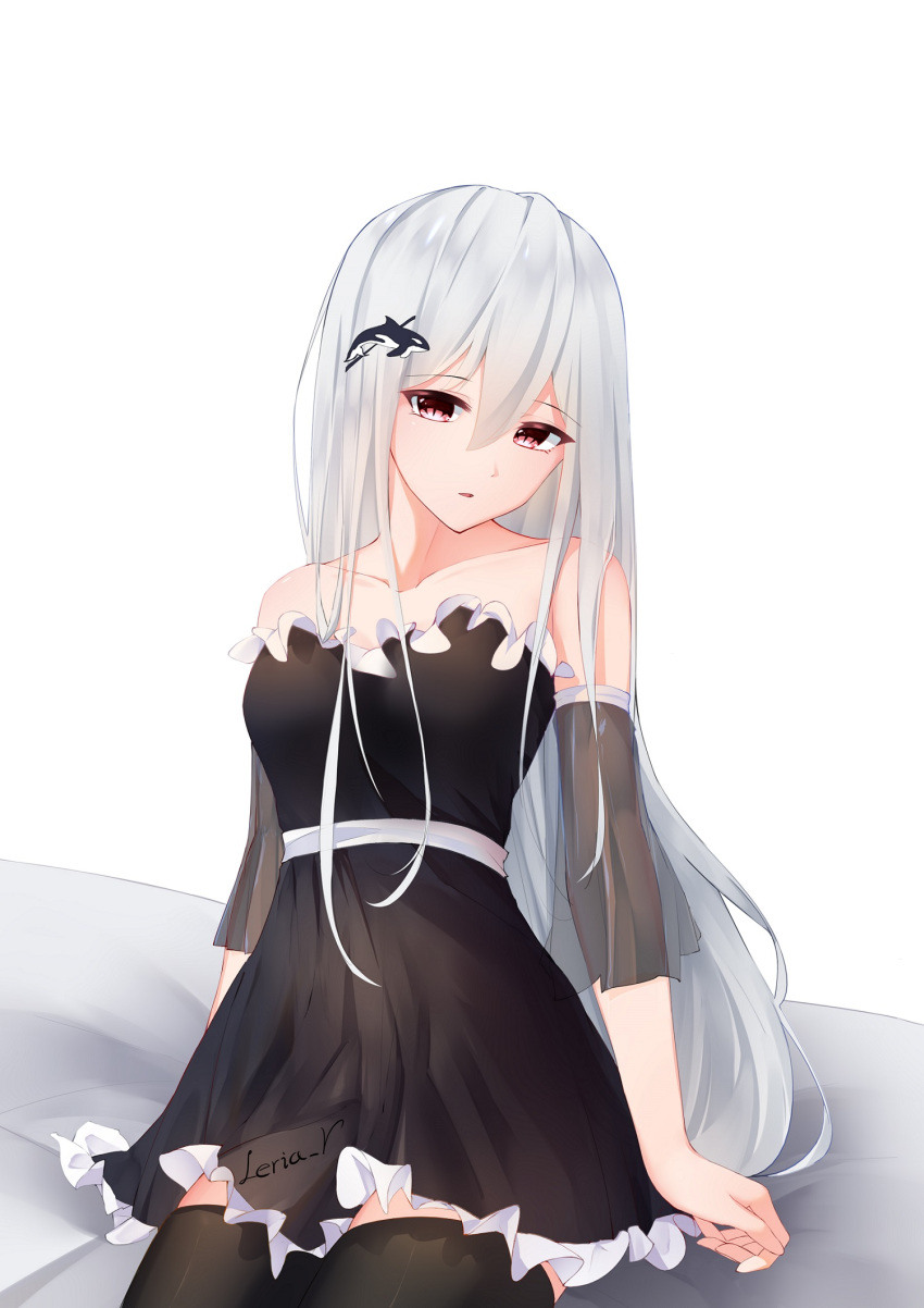 1girl arknights arm_support bare_shoulders belt black_dress black_legwear blurry blush breasts brown_eyes casual depth_of_field detached_sleeves dress expressionless fish frilled_dress frills hair_ornament hairclip head_tilt highres leria_v long_hair looking_at_viewer multicolored_hair on_bed orca parted_lips red_eyes signature silver_hair simple_background sitting skadi sleeveless sleeveless_dress small_breasts solo streaked_hair thighhighs very_long_hair whale white_background