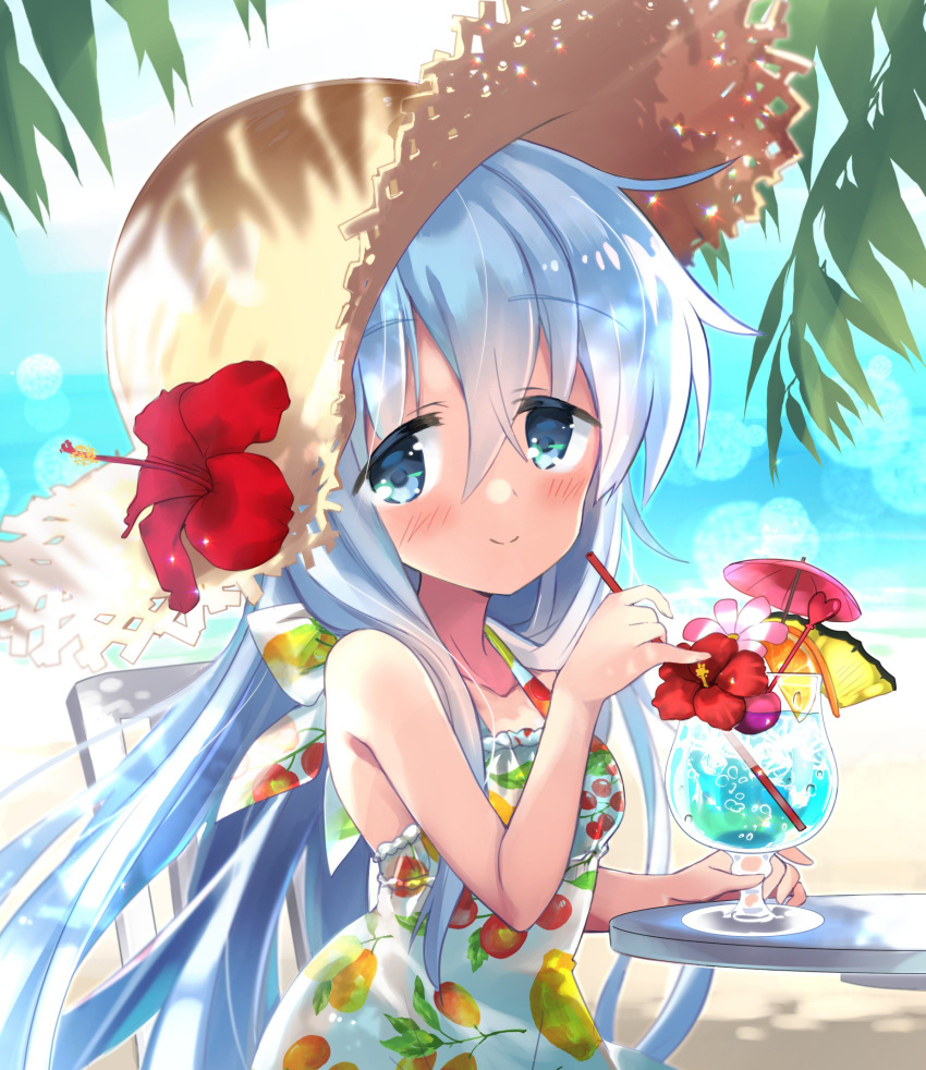 1girl beach blue_eyes commentary_request dappled_sunlight day dress drink floral_print flower hair_flower hair_ornament hat hibiki_(kantai_collection) hibiscus highres hizuki_yayoi kantai_collection leaf lens_flare long_hair looking_at_viewer outdoors silver_hair sitting sleeveless sleeveless_dress solo spaghetti_strap straw_hat sun_hat sundress sunlight table