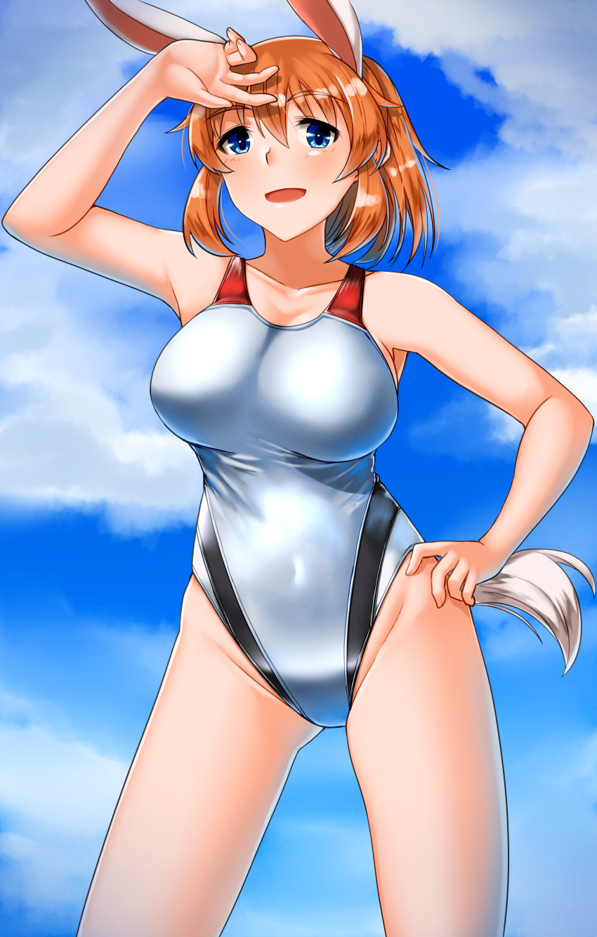 1girl absurdres animal_ears blue_eyes blush breasts brown_hair bunny_ears bunny_tail charlotte_e_yeager cloud cloudy_sky collarbone competition_swimsuit covered_navel eyebrows_visible_through_hair groin hand_on_forehead hand_on_hip highres hiroshi_(hunter-of-kct) large_breasts one-piece_swimsuit open_mouth outdoors shiny shiny_clothes shiny_hair short_hair sky smile solo standing strike_witches swimsuit swimwear tail world_witches_series