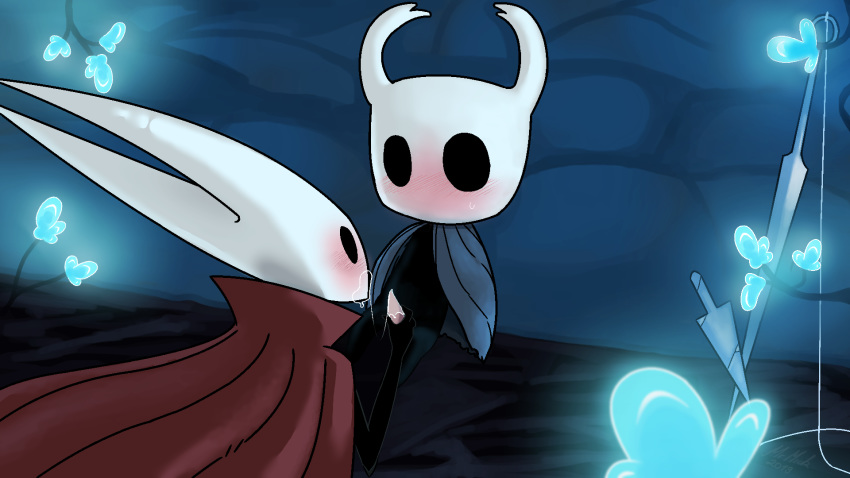 16:9 after_sex ambiguous_gender arthropod bodily_fluids cum duo empty_eyes fellatio genital_fluids hi_res hollow_knight hornet hornet_(hollow_knight) hymenopteran insect male melee_weapon mrmick oral penile penis protagonist_(hollow_knight) saliva saliva_string sex sweat sword tapering_penis vessel_(species) wasp weapon