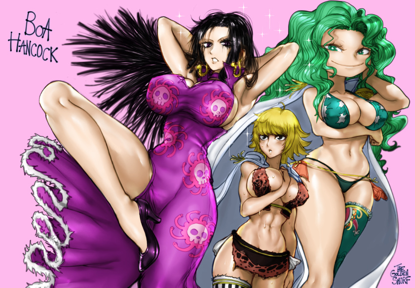 abs amazon big_breasts black_hair blonde_hair boa_hancock boa_sandersonia breasts cleavage clothed clothing ear_piercing female green_eyes green_hair group hair hi_res human human_only long_hair looking_at_viewer mammal midriff not_furry one_piece piercing simple_background size_difference thegoldensmurf wide_hips