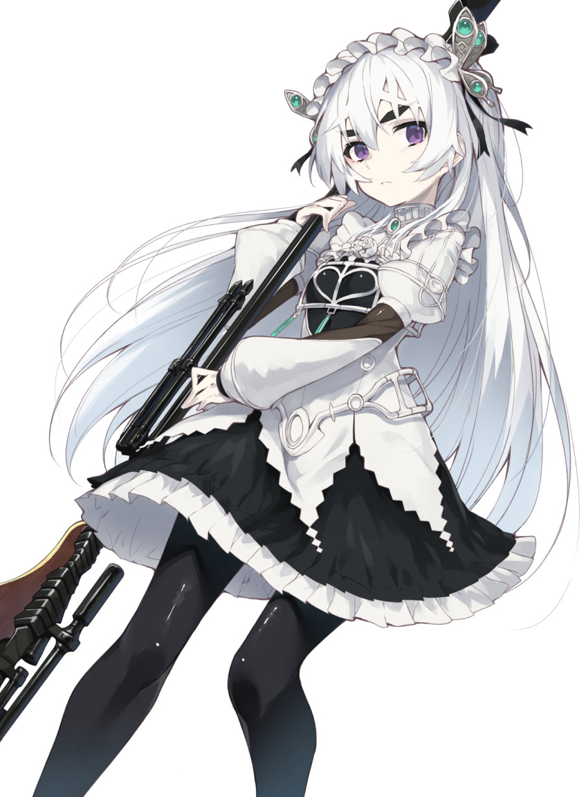 1girl bangs black_dress black_legwear breasts chaika_trabant closed_mouth commentary_request dress eyebrows_visible_through_hair frilled_dress frills hair_between_eyes hair_ornament hand_up heart highres hitsugi_no_chaika holding holding_weapon long_hair long_sleeves looking_at_viewer pantyhose puffy_long_sleeves puffy_short_sleeves puffy_sleeves purple_eyes short_over_long_sleeves short_sleeves simple_background small_breasts solo thick_eyebrows very_long_hair weapon white_background white_hair yuuuuu