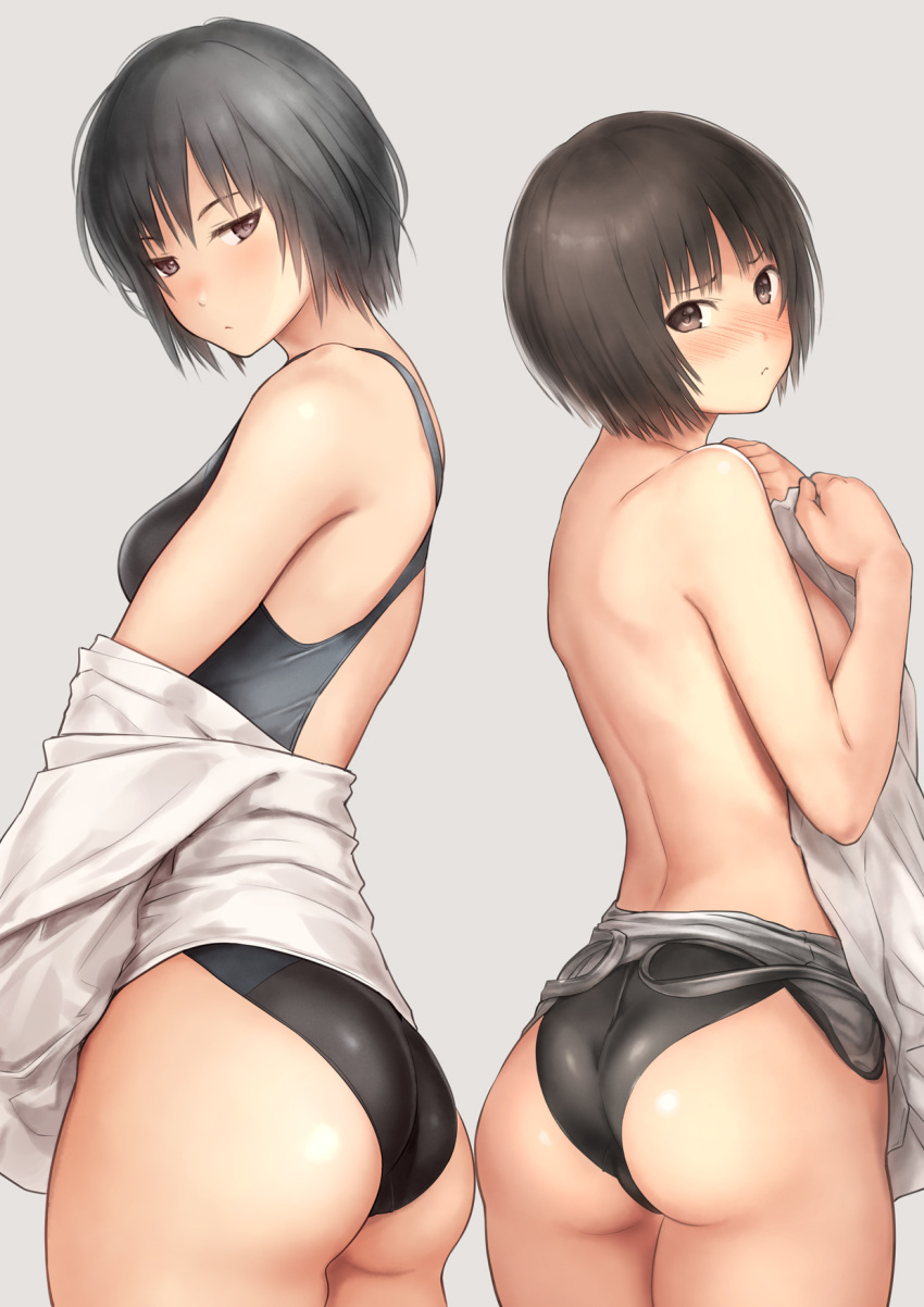 2girls amagami ass back bangs black_hair black_swimsuit blush breasts brown_eyes brown_hair closed_mouth commentary_request competition_swimsuit covering_eyes from_behind grey_background half-closed_eyes highleg highleg_swimsuit highres looking_at_viewer looking_back medium_breasts multiple_girls nanasaki_ai nose_blush nozomi-y off_shoulder one-piece_swimsuit shirt short_hair simple_background swimsuit swimsuit_pull swimsuit_under_clothes tachibana_miya white_shirt