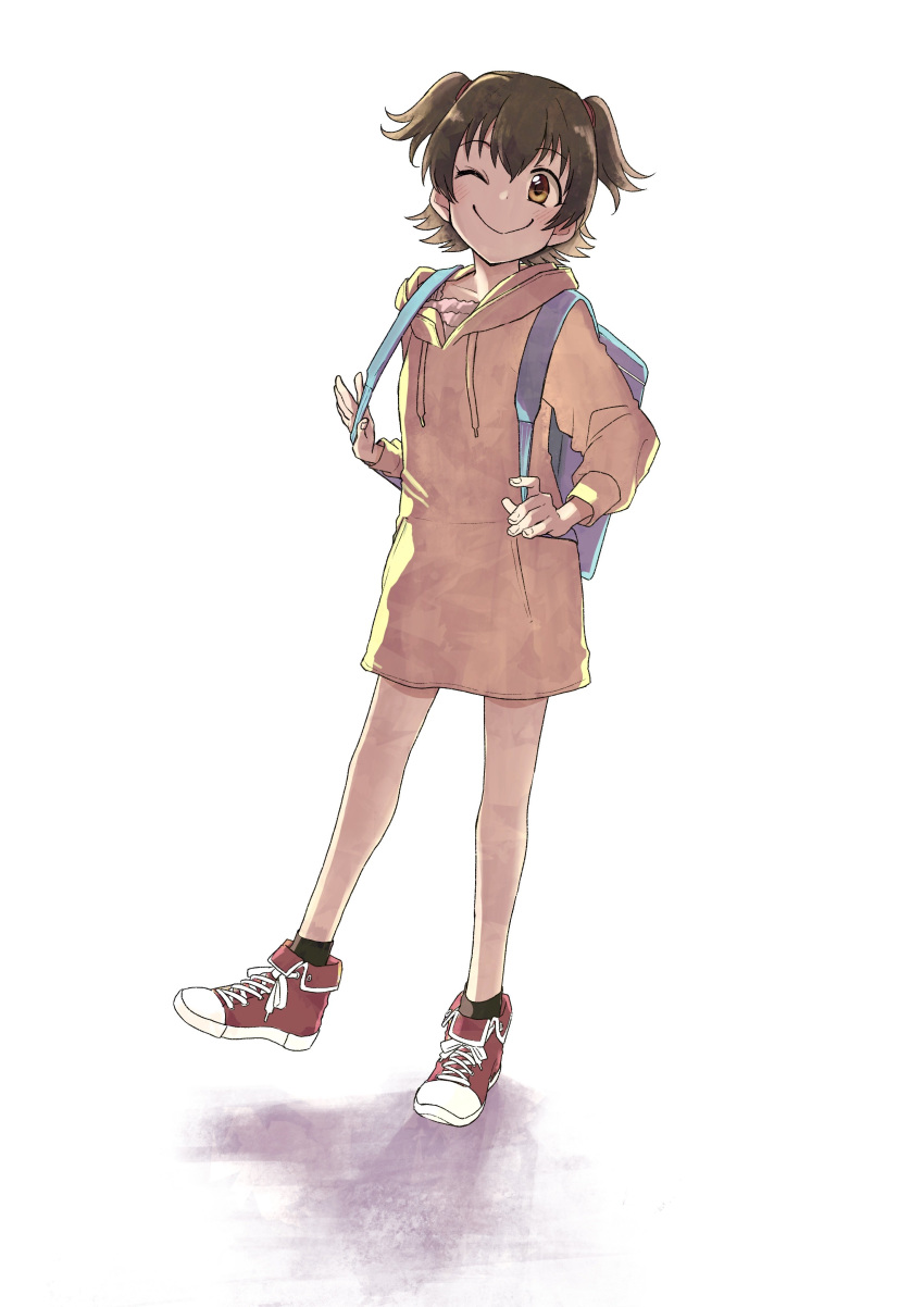 1girl absurdres akagi_miria backpack bag black_hair blush brown_eyes commentary_request dress eyebrows_visible_through_hair full_body highres hood hood_down hoodie idolmaster idolmaster_cinderella_girls kyouno looking_at_viewer one_eye_closed shoes short_hair simple_background smile sneakers socks solo standing sweater sweater_dress two_side_up