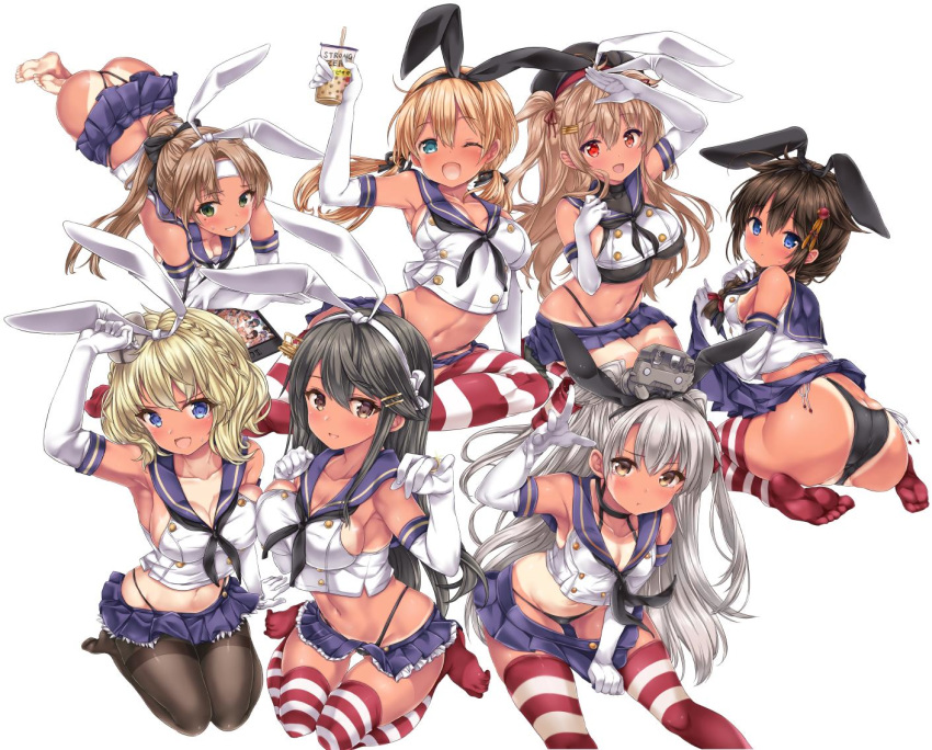 6+girls :d ;d ahoge akigumo_(kantai_collection) amatsukaze_(kantai_collection) anchor_hair_ornament animal_ears aqua_eyes arm_support armpits arms_up ass bangs bare_legs barefoot beret black_choker black_hair black_headwear black_legwear black_neckwear black_panties blonde_hair blue_eyes blush bow braid breasts brown_eyes brown_hair bunny_ears capelet choker cleavage colorado_(kantai_collection) cosplay cowboy_shot crop_top crying crying_with_eyes_open cup elbow_gloves eyebrows_visible_through_hair fake_animal_ears french_braid full_body gloves gold gradient_hair green_eyes groin hair_bow hair_flaps hair_ornament hair_over_shoulder hair_ribbon hair_tubes hairband hand_on_own_chest hand_up haruna_(kantai_collection) hat heterochromia highleg highleg_panties holding holding_cup jewelry kantai_collection large_breasts long_hair looking_at_viewer looking_back lying medium_breasts mole mole_under_eye multicolored_hair multiple_girls murasame_(kantai_collection) navel neckerchief necktie nijimoto_hirok on_stomach one_eye_closed open_mouth panties pantyhose pantyhose_pull parted_lips pleated_skirt ponytail prinz_eugen_(kantai_collection) red_eyes remodel_(kantai_collection) ribbon ring sailor_collar salute school_uniform seiza serafuku shigure_(kantai_collection) shimakaze_(kantai_collection) shimakaze_(kantai_collection)_(cosplay) short_hair sidelocks silver_hair simple_background single_braid sitting skindentation skirt skirt_pull sleeveless small_breasts smile soles star striped striped_legwear sweat sweatdrop tablet_pc tan tanline tearing_up tears thighband_pantyhose toes twintails two_side_up underwear wariza wedding_band white_background white_gloves white_hairband white_ribbon windsock yokozuwari