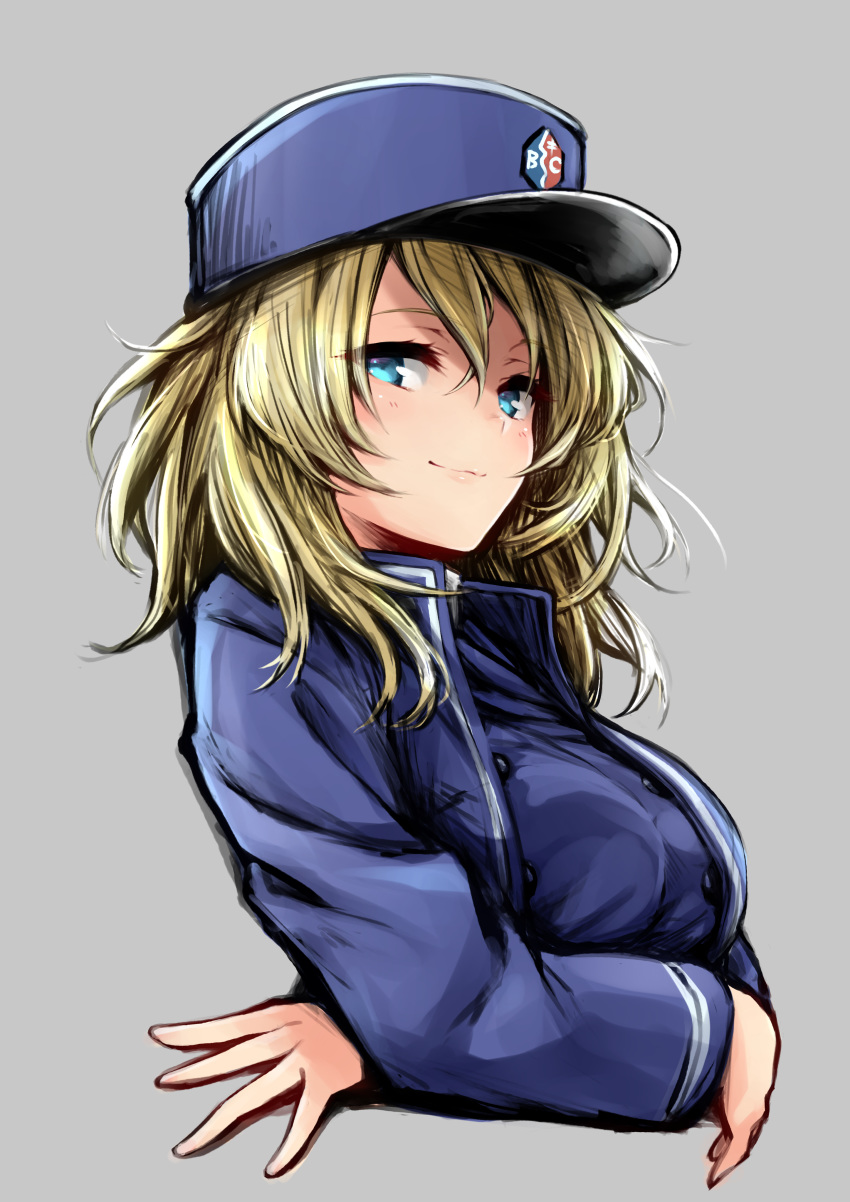 1girl absurdres bangs bc_freedom_(emblem) bc_freedom_military_uniform blonde_hair blue_eyes blue_headwear blue_jacket blue_vest emblem girls_und_panzer grey_background harino646 hat high_collar highres jacket long_sleeves looking_at_viewer medium_hair messy_hair oshida_(girls_und_panzer) shako_cap simple_background smile solo vest