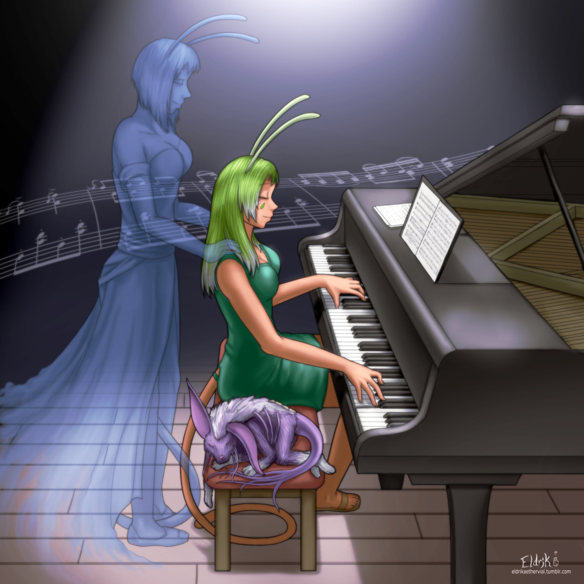 1:1 antennae_(anatomy) bobbydando breasts cleavage clothed clothing duo eyes_closed facial_markings fairies_vs_tentacles fairy female feral flynn_(fvt) fur ghost green_hair hair head_markings hi_res humanoid markings musical_instrument musical_note nadisha_(fvt) not_furry oxeliss piano purple_fur sitting spirit