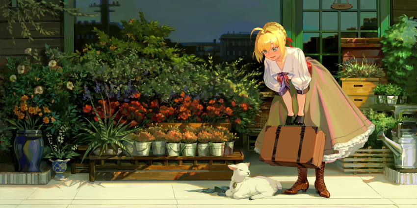 1girl ahoge alternate_costume bangs bell bell_collar blonde_hair blush boots braided_bun brown_footwear brown_skirt collar cross-laced_footwear fate/grand_order fate_(series) flower flower_shop frilled_skirt frills green_eyes hair_bun hair_intakes high_heel_boots high_heels lace-up_boots lamb leaning_forward long_hair long_skirt looking_down neckerchief nero_claudius_(fate) nero_claudius_(fate)_(all) open_mouth outdoors plant potted_plant puffy_sleeves red_ribbon reflection ribbon shirt shop skirt smile solo standing suitcase sunlight taro-k watering_can white_shirt wide_shot wing_collar