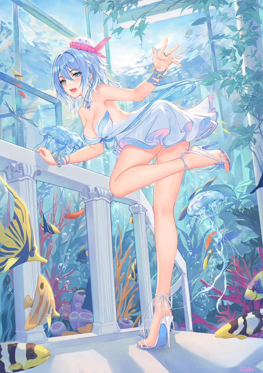 1girl absurdres arms_up atdan bare_arms bare_legs bare_shoulders barefoot blue_hair feet haiyi highres solo synthesizer_v