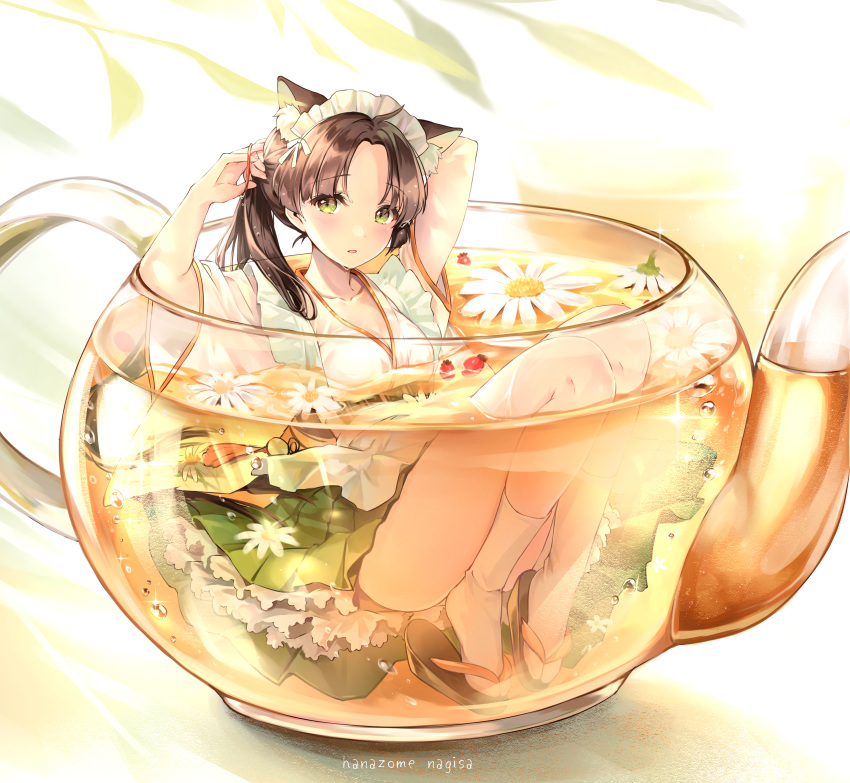 1girl absurdres animal_ear_fluff animal_ears artist_name bangs bare_legs black_footwear blush breasts brown_hair cat_ears cleavage cup eyebrows_visible_through_hair flower food frills fruit geta green_eyes green_skirt hairdressing highres in_container in_cup japanese_clothes kimono kneehighs knees_up long_hair long_sleeves looking_at_viewer maid maid_headdress minigirl original parted_bangs parted_lips partially_submerged pierorabu skirt smile sparkle strawberry tea teacup tying_hair white_flower white_kimono white_legwear wide_sleeves