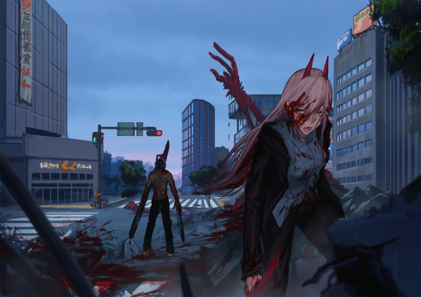 1boy 1girl black_jacket blood blood_on_face bloody_clothes bloody_weapon blue_sky building chainsaw chainsaw_man crosswalk denji_(chainsaw_man) hand_print highres jacket kanjou_jouki knife light_brown_hair long_hair looking_at_viewer open_mouth outdoors power_(chainsaw_man) road sharp_teeth silver_eyes sky standing street teeth traffic_light very_long_hair weapon