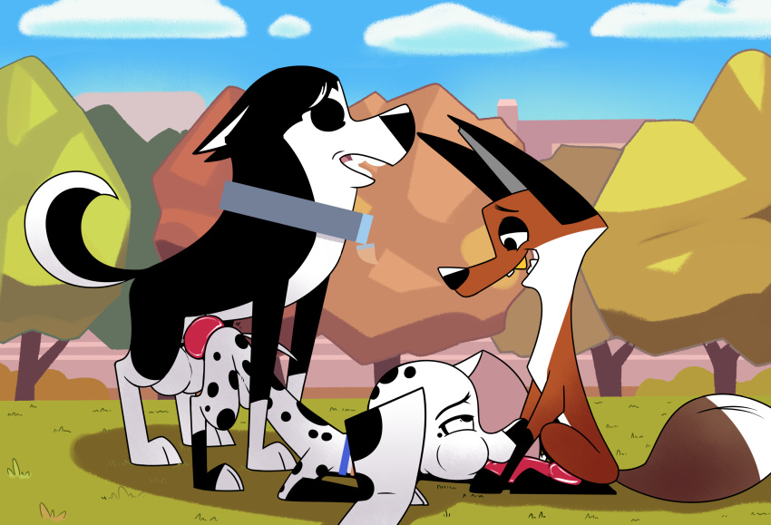 101_dalmatian_street 101_dalmatians canid canine canis collar dalmatian disney dolly_(101_dalmatians) domestic_dog fergus fox group group_sex hansel_(101_dalmatians) hi_res husky hypergal mammal nordic_sled_dog sex spitz threesome