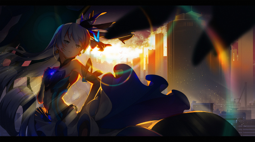 1girl backlighting bangs black_gloves breasts bronya_zaychik bronya_zaychik_(cyberangel) bug butterfly center_opening cityscape crossed_bangs dress drill_hair earrings elbow_gloves floating_hair gloves hair_ornament hand_on_hip highres honkai_(series) honkai_impact_3rd huge_filesize insect jewelry layered_dress letterboxed light_particles long_hair looking_at_viewer navel parted_lips quad_drills silver_hair small_breasts solo sunset suppa_(hagakuresuppa)