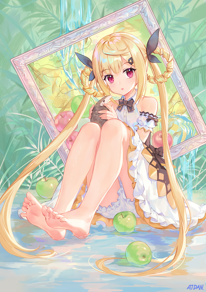 1girl absurdres atdan bare_legs bare_shoulders barefoot cup feet green_apple highres original resized ribbon solo upscaled waifu2x