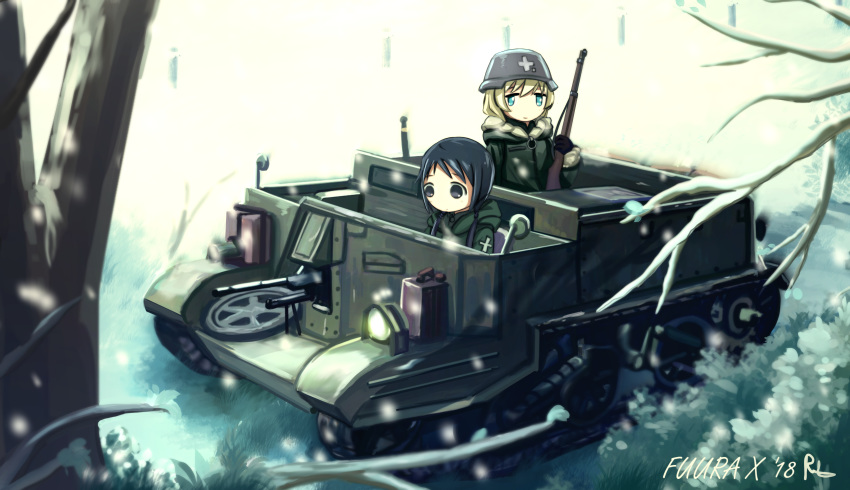 2girls absurdres armored_vehicle black_eyes black_hair blonde_hair blue_eyes chito_(shoujo_shuumatsu_ryokou) driving fuura ground_vehicle gun helmet highres hood hood_down machine_gun military military_uniform multiple_girls shoujo_shuumatsu_ryokou stahlhelm tree_branch twintails type_38_rifle uniform universal_carrier weapon yuuri_(shoujo_shuumatsu_ryokou)