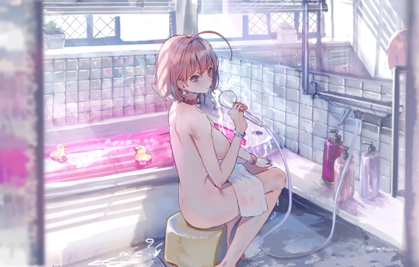 1girl ahoge bangs barefoot bath bath_stool bathing bathroom bathtub blue_hair bracelet breasts collar commentary day earrings eyebrows_visible_through_hair from_behind heart-shaped_lock heart_collar highlights highres idolmaster idolmaster_cinderella_girls indoors jewelry large_breasts looking_at_viewer mirror multicolored_hair naked_towel nude pill_earrings pink_collar pink_eyes pink_hair plant potted_plant reflection ring roki_(0214278) rubber_duck shampoo_bottle short_hair shower_head sitting solo stool sunlight towel two-tone_hair white_towel yumemi_riamu