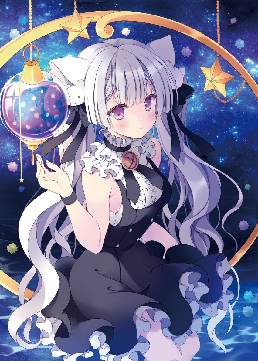 1girl absurdres animal_ears ball bare_arms bare_shoulders black_dress breasts buttons cat_ears commentary_request dress frills hair_ornament hand_up highres hoshino_koucha long_hair looking_at_viewer night night_sky original purple_eyes silver_hair sky sleeveless sleeveless_dress small_breasts smile solo standing star star_(sky) starry_sky twintails very_long_hair water wavy_hair wristband