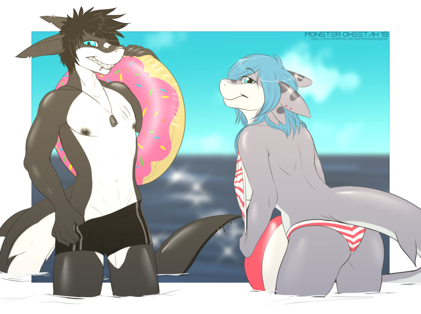 anthro bikini bikini_bottom breasts clothed clothing duo excitedcargoyle female fish hair male marine nipples pool_tube scar shark smile swimwear topless