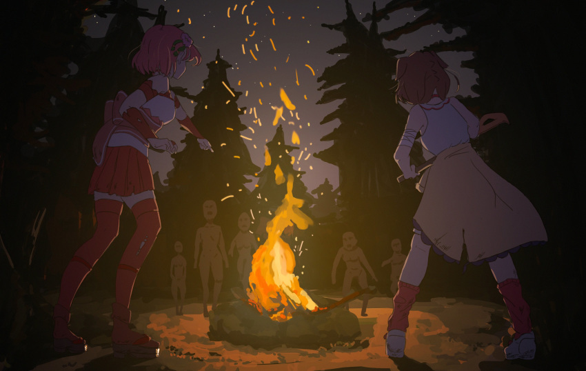 2girls absurdres animal_ears armband armpits bandaged_arm bandages bare_shoulders breasts brown_hair campfire detached_sleeves dog_ears dog_girl fire flower from_behind from_below hair_flower hair_ornament highres hololive inugami_korone kneepits medium_breasts medium_hair miniskirt multiple_girls night night_sky nmmn_raw nontraditional_miko outdoors pink_hair sakura_miko skirt sky sleeveless the_forest thighhighs torn_clothes torn_legwear torn_skirt tree virtual_youtuber weapon zombie