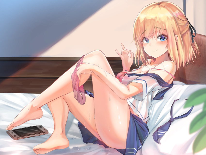 barefoot bed blonde_hair blue_eyes blush bra open_shirt original panty_pull phone seifuku skirt tagme_(artist) tie underwear wet