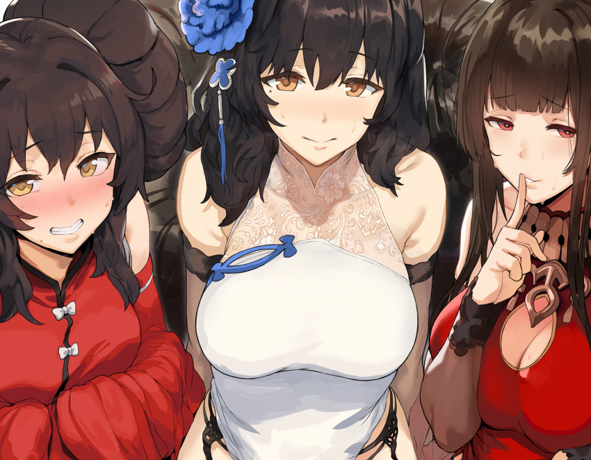 anthropomorphism black_hair blush breasts brown_eyes brown_hair chinese_clothes chinese_dress cleavage cropped dsr-50_(girls_frontline) elbow_gloves garter_belt girls_frontline gloves hewsack long_hair qbz-95_(girls_frontline) qbz-97_(girls_frontline) red_eyes yellow_eyes