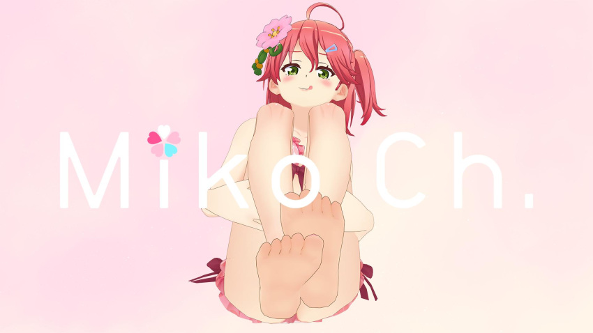 1girl 3d :p ahoge alternate_costume bangs bare_shoulders bikini blush collarbone feet flower green_eyes hair_flower hair_ornament hairclip highres hololive knees legs legs_up looking_at_viewer official_alternate_costume official_art one_side_up pink_background pink_bikini pink_bikini_bottom pink_bikini_top pink_hair pov_feet sakura_miko solo swimsuit tongue tongue_out virtual_youtuber youtube_username