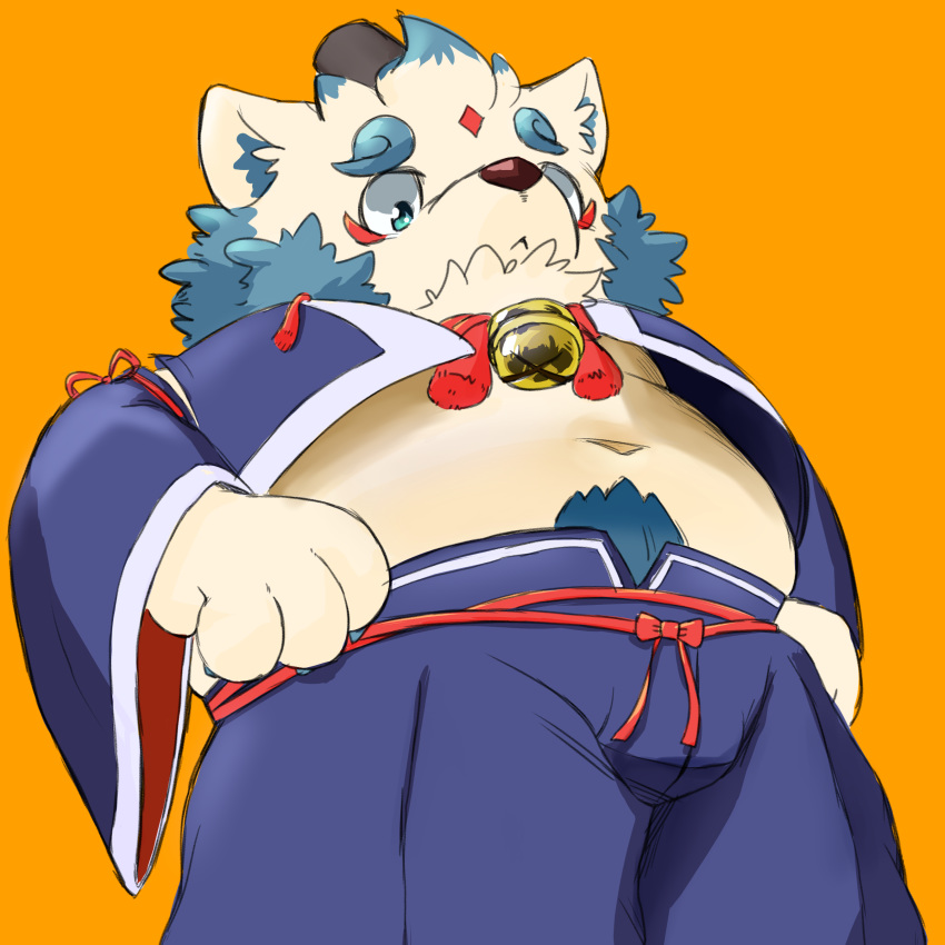 1:1 absurd_res agyou anthro asian_mythology biped bottomwear chubby_male clothed clothing east_asian_mythology facial_markings foo_dog fur head_markings hi_res male mammal markings mythology nanon_1st navel orange_background pubes simple_background tokyo_afterschool_summoners topwear video_games white_fur