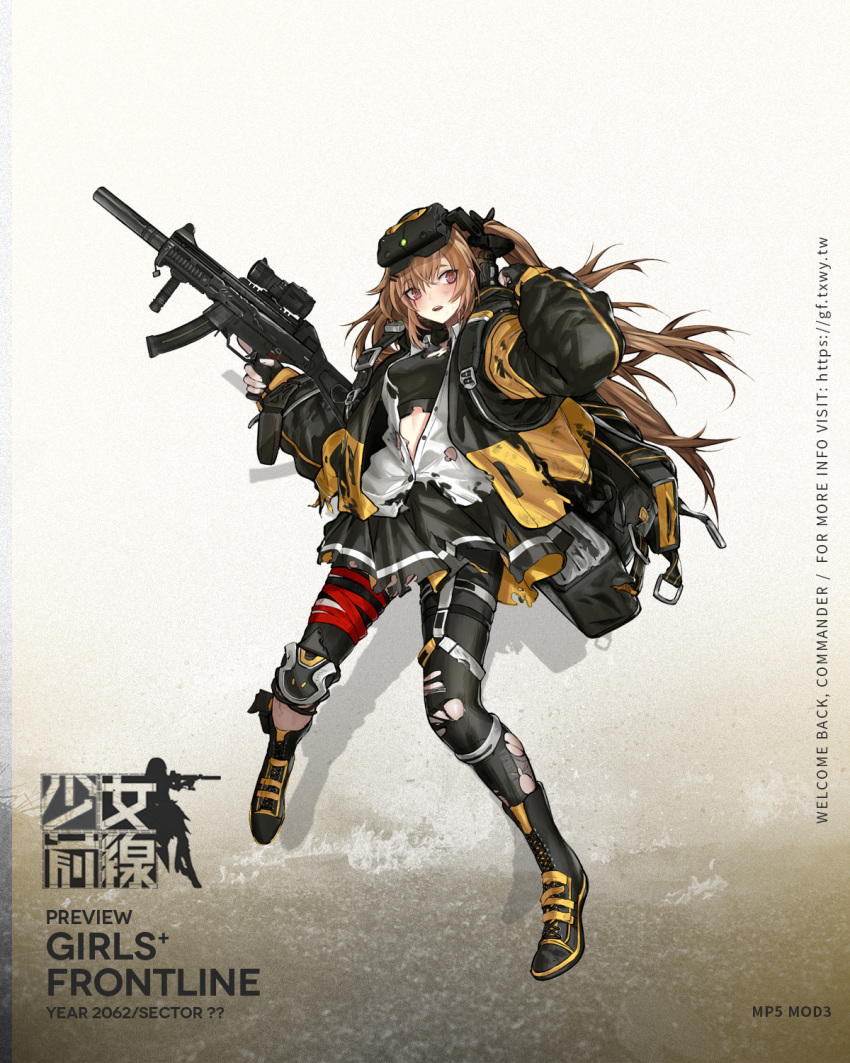 1girl ankle_strap baggy_clothes bangs black_bow black_bra black_gloves black_legwear black_nails black_skirt blush boots bow bra breasts brown_eyes brown_hair character_name cross-laced_footwear damaged eyebrows_visible_through_hair fingerless_gloves floating_hair full_body girls_frontline gloves goggles goggles_on_head gun h&amp;k_ump h&amp;k_ump9 hair_between_eyes hair_bow hair_ornament hairclip heckler_&amp;_koch highres holding holding_gun holding_weapon infukun jacket lace-up_boots long_hair looking_at_viewer mod3_(girls_frontline) official_art open_mouth pantyhose partially_unbuttoned pouch ribbon scar scar_across_eye shirt sidelocks single_knee_pad single_leg_pantyhose skirt sports_bra standing submachine_gun suppressor thigh_strap torn_clothes trigger_discipline twintails ump9_(girls_frontline) underwear walkie-talkie weapon white_shirt