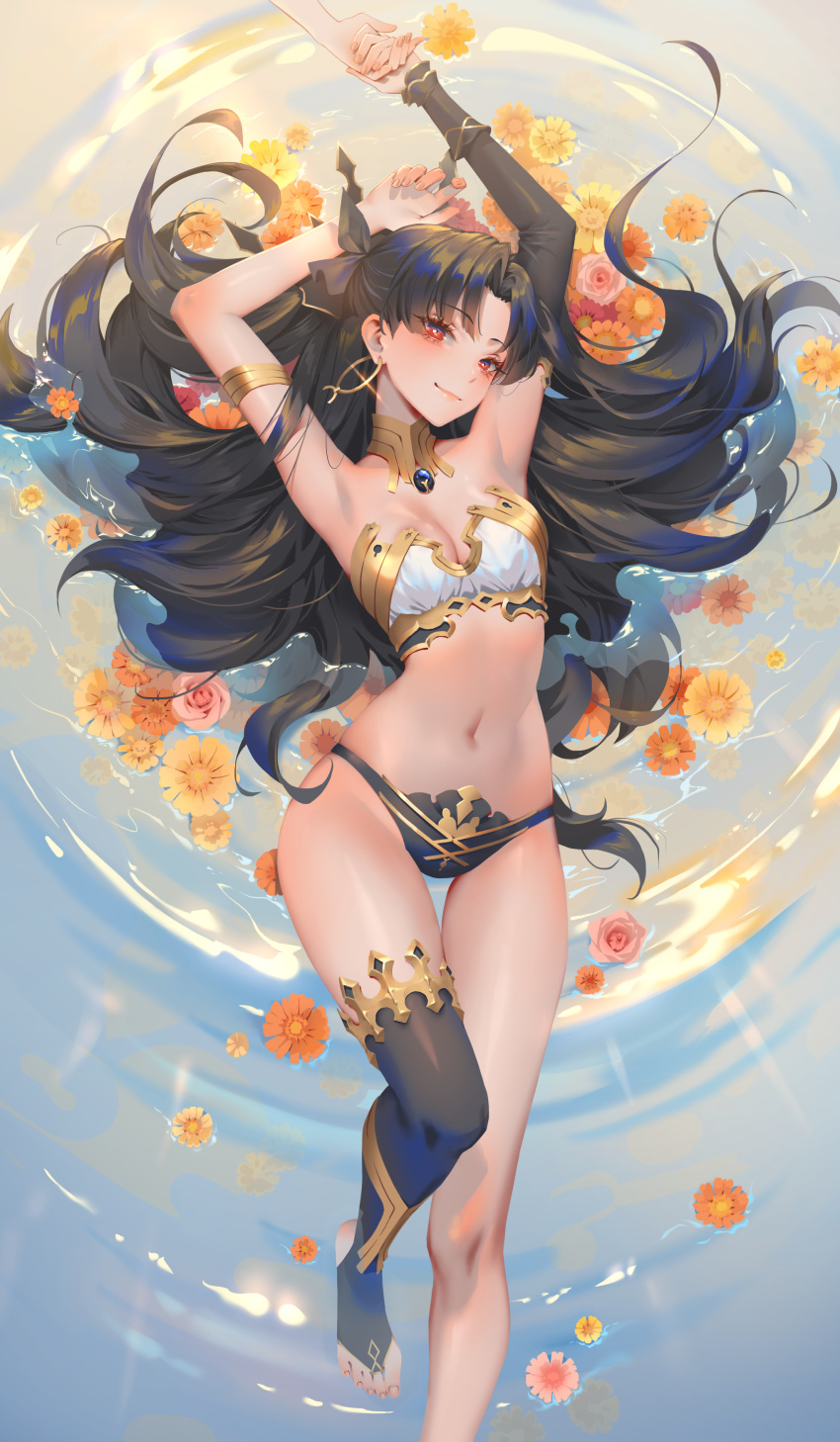 1girl absurdres armlet armpits arms_up bangs bare_legs bare_shoulders black_hair black_legwear breasts cleavage collar earrings fate/grand_order fate_(series) floating_hair flower hair_ribbon highres holding_hands hoop_earrings ishtar_(fate/grand_order) jewelry karesuki long_hair looking_at_viewer lying medium_breasts midriff navel on_back orange_flower parted_bangs pink_flower red_eyes revealing_clothes ribbon ripples single_thighhigh smile solo thighhighs thighs very_long_hair water yellow_flower