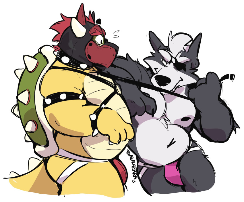 2019 4_fingers anthro belly bowser bracelet bulge canid canine canis clothing duo eye_patch eyewear fingers fur grey_fur haps hi_res jewelry jockstrap koopa leash mammal mario_bros mask navel nintendo pup_mask scalie slightly_chubby spiked_bracelet spikes star_fox underwear video_games wolf wolf_o'donnell