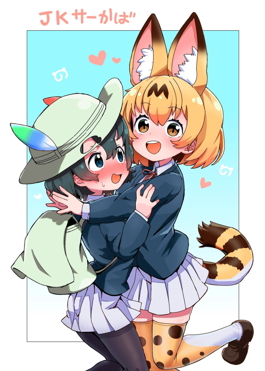 2girls :d animal_ear_fluff animal_ears backpack bag bangs black_hair black_legwear blonde_hair blue_background blue_eyes blue_jacket blush brown_eyes brown_footwear commentary_request contemporary extra_ears eyebrows_visible_through_hair feet_out_of_frame gradient gradient_background hair_between_eyes hat hat_feather heart highres hug jacket japari_symbol kaban_(kemono_friends) long_sleeves looking_at_another looking_at_viewer multiple_girls nekonyan_(inaba31415) open_mouth pantyhose pleated_skirt print_legwear school_uniform serval_(kemono_friends) serval_ears serval_print serval_tail shirt shoes short_hair simple_background skirt smile tail thighhighs translation_request white_headwear white_shirt white_skirt wing_collar yuri