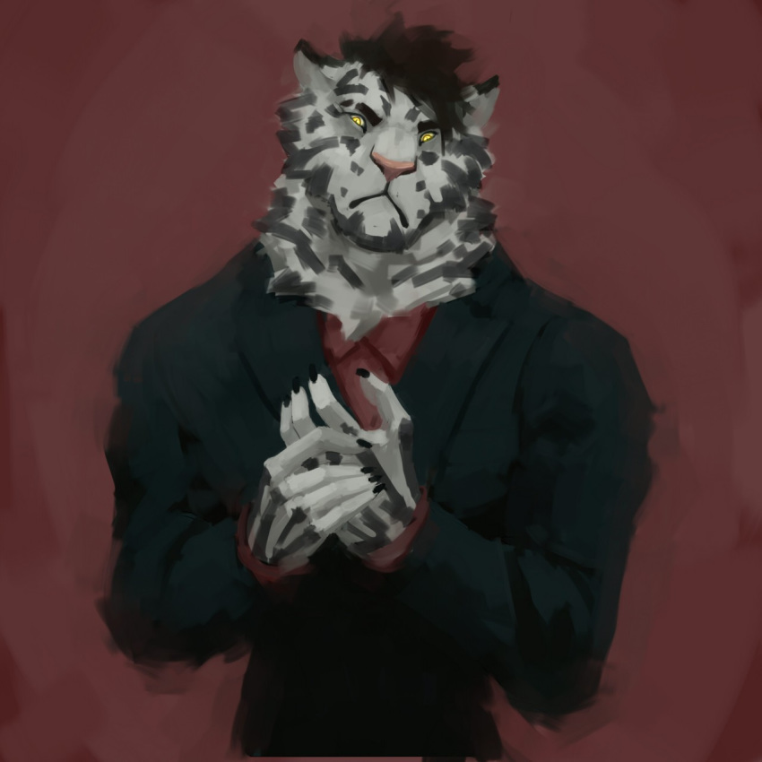1:1 anthro clothed clothing felid fur hair harufeng hi_res looking_at_viewer male mammal pantherine simple_background solo tiger