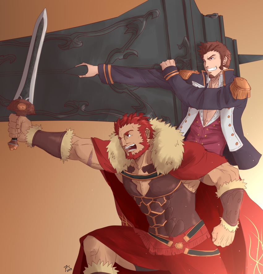 2boys abeberries absurdres bara beard blue_eyes brown_hair cape chest epaulettes facial_hair fate/grand_order fate_(series) highres leather long_sleeves male_focus military military_uniform multiple_boys muscle napoleon_bonaparte_(fate/grand_order) pectorals red_hair rider_(fate/zero) scar simple_background smile uniform