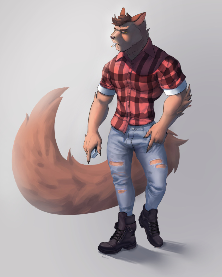 anthro bottomwear cigarette clothed clothing domestic_cat felid feline felis footwear harufeng hi_res jeans male mammal muscular muscular_male pants shoes simple_background solo standing