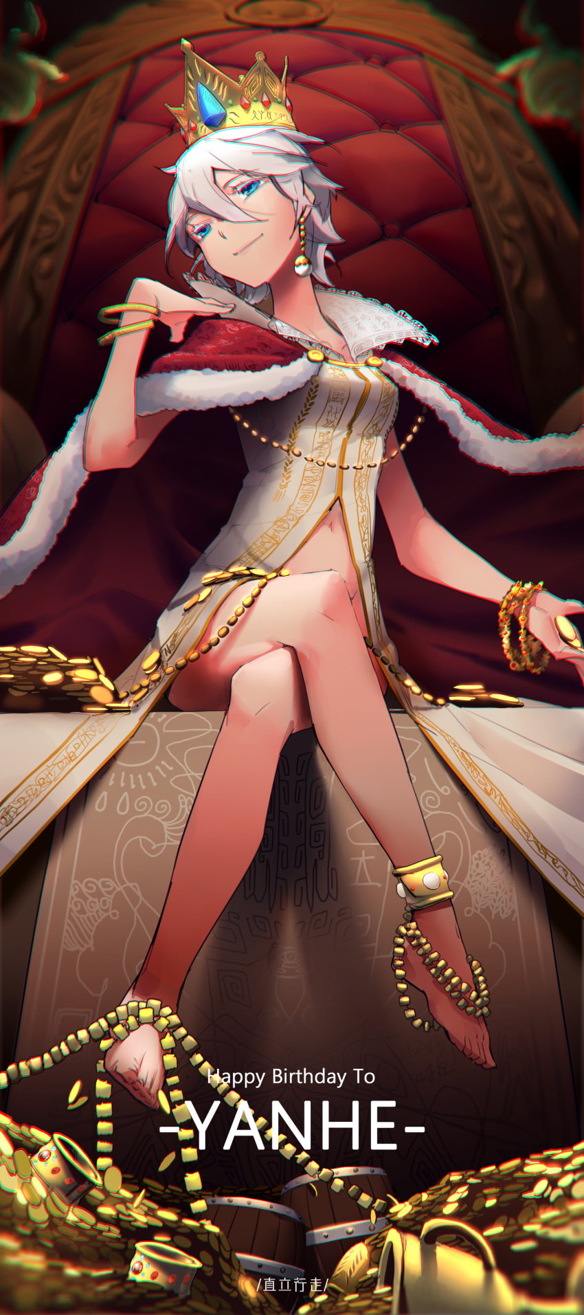 1girl absurdres anklet bangle barefoot blue_eyes bracelet breasts chromatic_aberration coin crossed_legs crown cup earrings goblet happy_birthday highres indoors jewelry looking_at_viewer mug navel royal_robe short_hair sitting small_breasts smile solo throne vocaloid vocanese white_hair yanhe zhili_xingzou