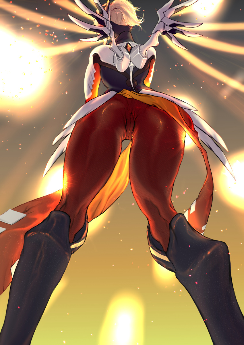 1girl artist_request ass blonde_hair bodysuit cameltoe commentary_request covered_anus from_behind highres mechanical_wings mercy_(overwatch) overwatch ponytail short_hair skin_tight solo thighs wings