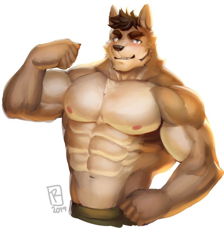 2019 abs absurd_res anthro biceps black_nose canid canine clothing digital_media_(artwork) fur hair hi_res male mammal muscular muscular_male nipples pecs raytig12 solo