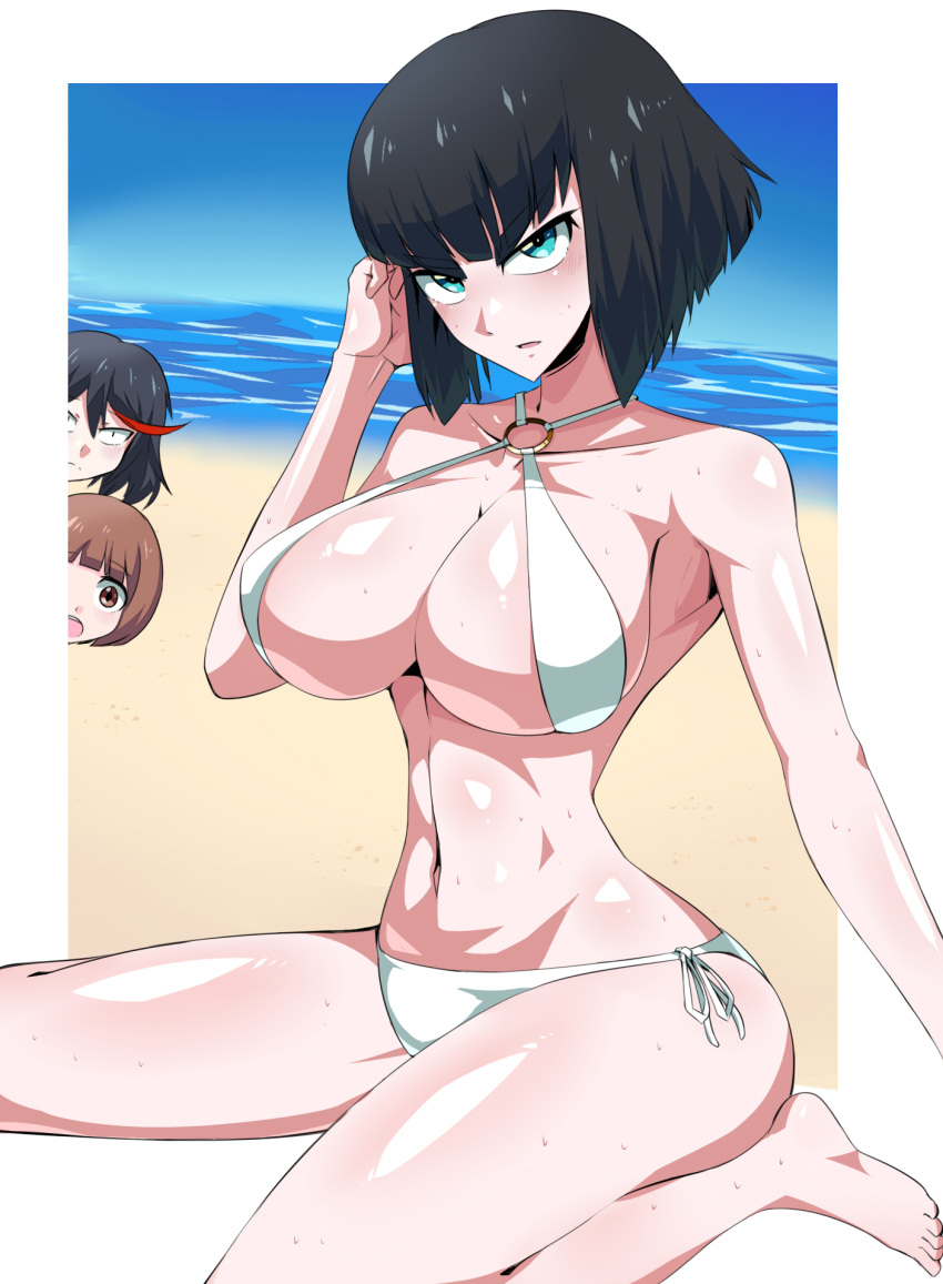 3girls 775k alternate beach bikini blue bottom breasts brown eyes focus girls hair hairstyle highres kill kiryuuin la large mako mankanshoku matoi multiple multiple_girls o-ring ryuuko satsuki short side-tie sky solo spoilers suzusiigasuki swimsuit top white