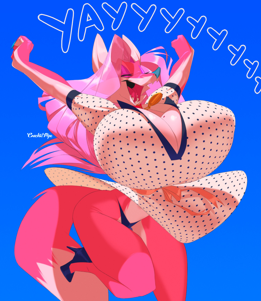 anthro big_breasts breasts canid canine clothed clothing crackiepipe curvaceous denisse female footwear fox hi_res high_heels huge_breasts mammal open_mouth shoes smile solo standing underwear