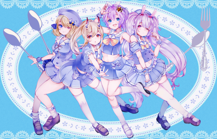 4girls animal_ears ayanami_(azur_lane) azur_lane bangs bare_shoulders beret blonde_hair blue_dress blue_eyes blue_skirt breasts brown_footwear bunny_ears closed_mouth commentary_request crown detached_sleeves double-breasted dress eyebrows_visible_through_hair fork full_body hair_between_eyes hair_ribbon hat highres javelin_(azur_lane) laffey_(azur_lane) loafers long_hair looking_at_viewer medium_breasts midriff_peek mini_crown multiple_girls one_eye_closed open_mouth pleated_skirt ponytail puffy_short_sleeves puffy_sleeves purple_hair red_eyes ribbon sailor_collar shoes short_hair short_sleeves sidelocks skirt sleeveless small_breasts smile socks spoon standing thighhighs twintails very_long_hair waitress white_legwear wrist_cuffs yaekn z23_(azur_lane)