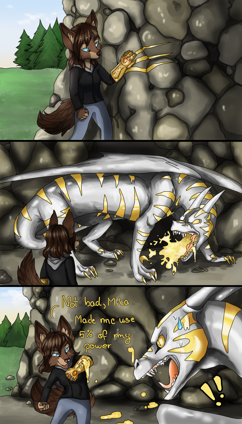 5_fingers absurd_res anthro biped blue_eyes bottomwear breasts brown_ears brown_fur brown_hair canid canine clothing comic coza_(cozaclk) detailed_background dialogue digital_media_(artwork) dragon duo english_text female fennec feral fingers fox fur grass grey_membrane grey_scales grey_wings hair hi_res horn infinity_gauntlet inner_ear_fluff jeans larger_feral long_hair long_tail mammal membrane_(anatomy) membranous_wings pants quadruped reptile scales scalie size_difference sky smaller_anthro sweater text topwear tree white_horn wings yshanii