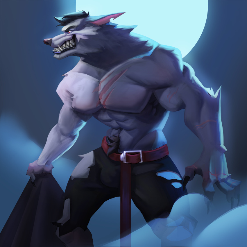 1:1 anthro belt canid canine clothed clothing fangs harufeng hi_res male mammal muscular muscular_male pubes smile solo teeth topless torn_clothing